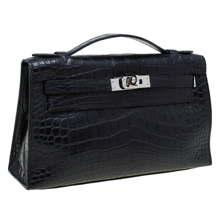 Pre Owned Hermes Black Alligator Palladium Kelly Pochette