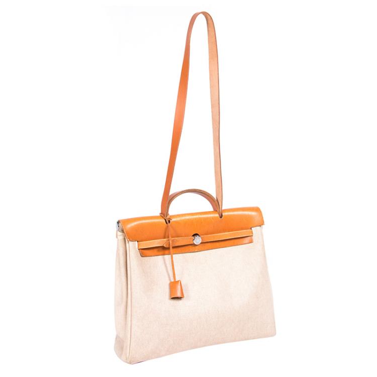 Pre Owned Hermes Beige and Orange Canvas and Vache Calfskin Leather Herbag GM Bag