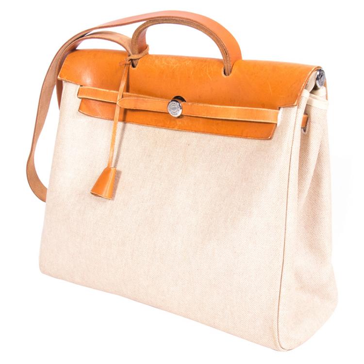 Pre Owned Hermes Beige and Orange Canvas and Vache Calfskin Leather Herbag GM Bag