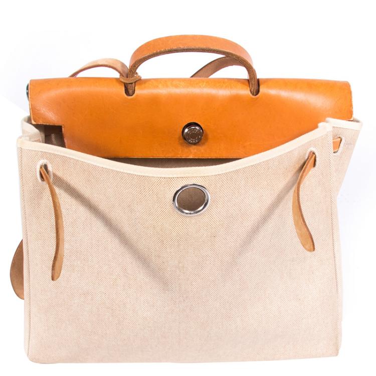 Pre Owned Hermes Beige and Orange Canvas and Vache Calfskin Leather Herbag GM Bag