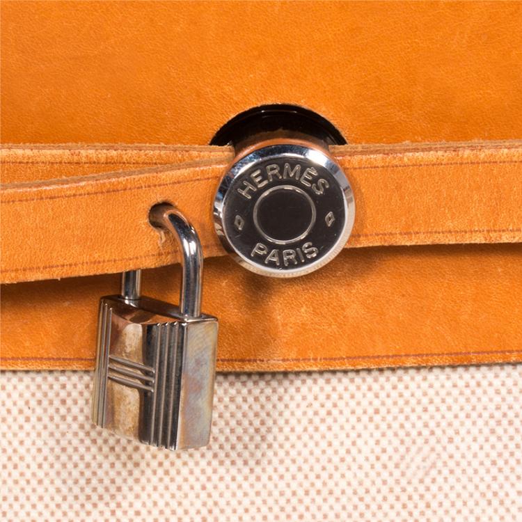 Pre Owned Hermes Beige and Orange Canvas and Vache Calfskin Leather Herbag GM Bag
