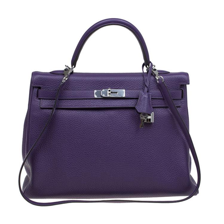 Hermes Purple Clemence Leather Palladium Hardware Kelly Retourne 35 Bag  Hermes