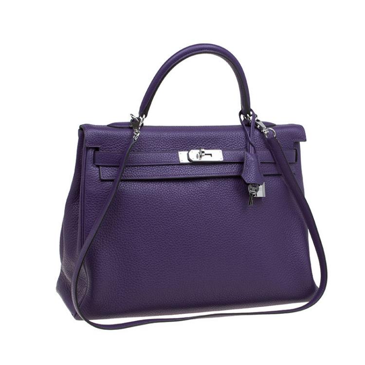 Pre Owned Hermes Purple Clemence Leather Palladium Hardware Kelly Retourne 35 Bag