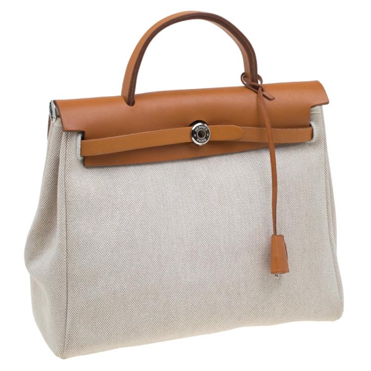 Pre Owned Hermes Tan/Beige Leather and Canvas Herbag 2 in 1