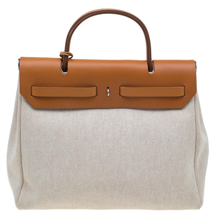 Pre Owned Hermes Tan/Beige Leather and Canvas Herbag 2 in 1