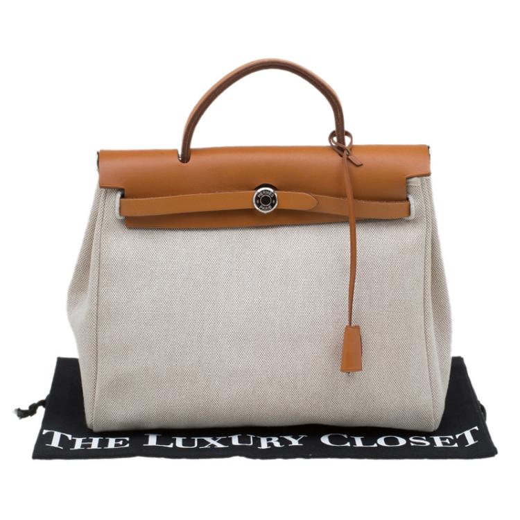 Pre Owned Hermes Tan/Beige Leather and Canvas Herbag 2 in 1