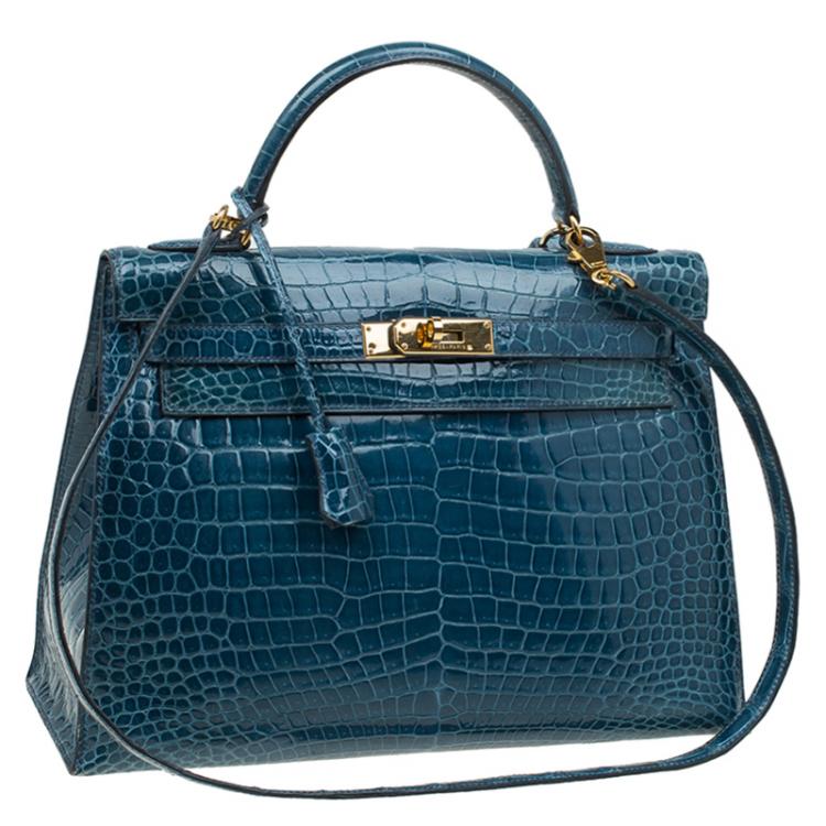 مملوكة مسبقًا Hermes Blue Marine Porosus Crocodile Gold Hardware Kelly Sellier 32 Bag