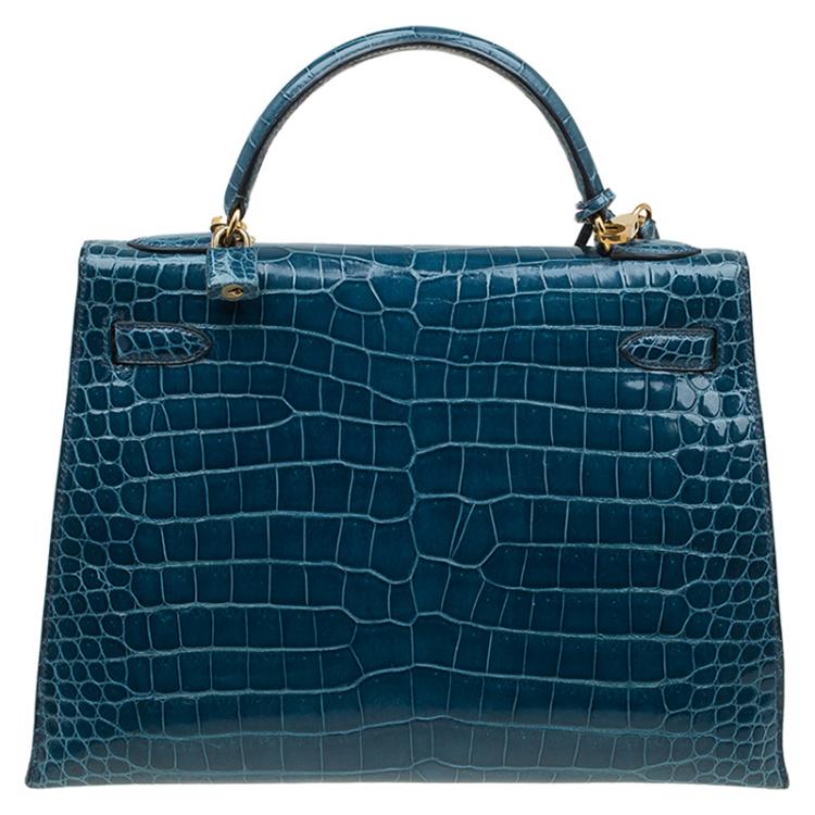 مملوكة مسبقًا Hermes Blue Marine Porosus Crocodile Gold Hardware Kelly Sellier 32 Bag