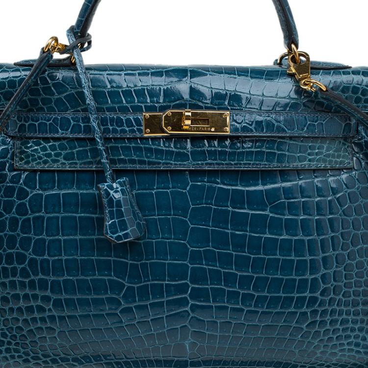 مملوكة مسبقًا Hermes Blue Marine Porosus Crocodile Gold Hardware Kelly Sellier 32 Bag