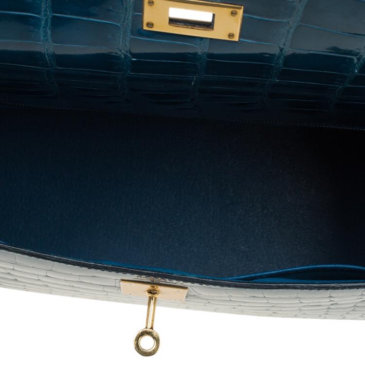 مملوكة مسبقًا Hermes Blue Marine Porosus Crocodile Gold Hardware Kelly Sellier 32 Bag