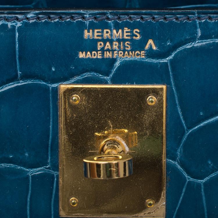 مملوكة مسبقًا Hermes Blue Marine Porosus Crocodile Gold Hardware Kelly Sellier 32 Bag