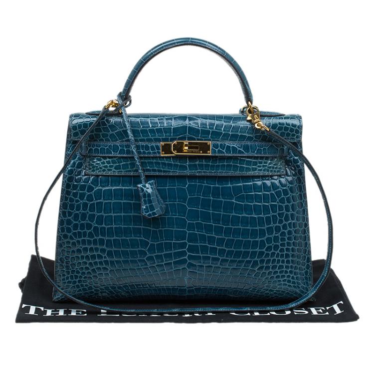 مملوكة مسبقًا Hermes Blue Marine Porosus Crocodile Gold Hardware Kelly Sellier 32 Bag