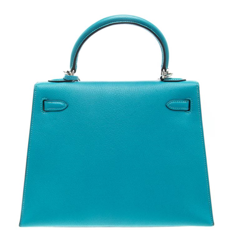 Pre Owned Hermes Blue Paon Chevre de Coromandel Leather Palladium Hardware Kelly Sellier 25 Bag