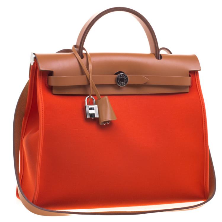 Pre Owned Hermes Brown/Capucines Leather and Fabric Herbag Zip 31 Bag