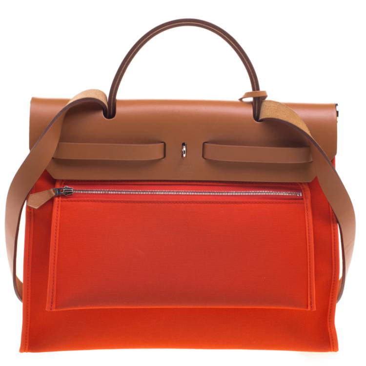 Pre Owned Hermes Brown/Capucines Leather and Fabric Herbag Zip 31 Bag