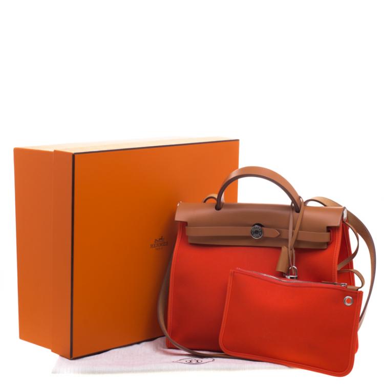 Pre Owned Hermes Brown/Capucines Leather and Fabric Herbag Zip 31 Bag