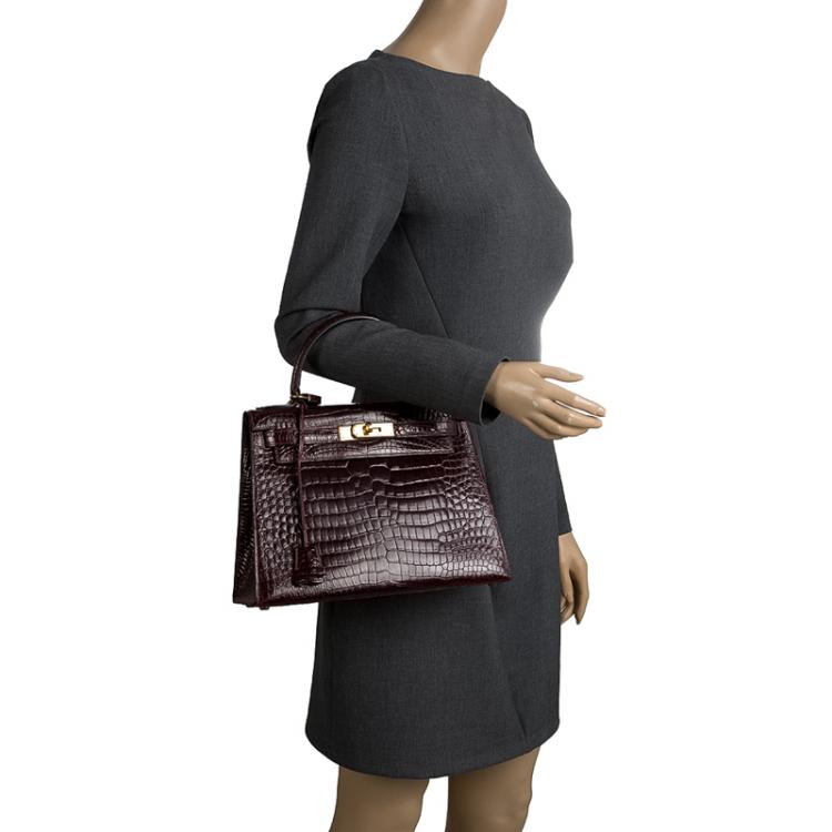 Pre Owned Hermes Dark Marron Crocodile Gold Hardware Kelly Sellier 28 Bag
