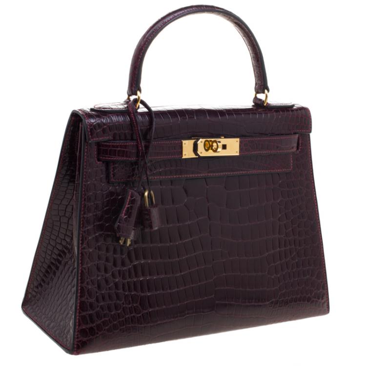 Pre Owned Hermes Dark Marron Crocodile Gold Hardware Kelly Sellier 28 Bag
