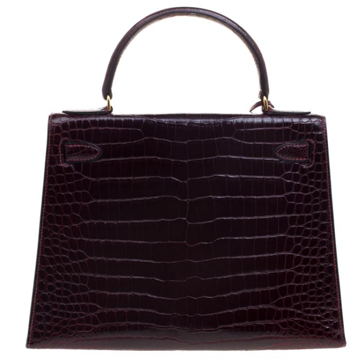 Pre Owned Hermes Dark Marron Crocodile Gold Hardware Kelly Sellier 28 Bag
