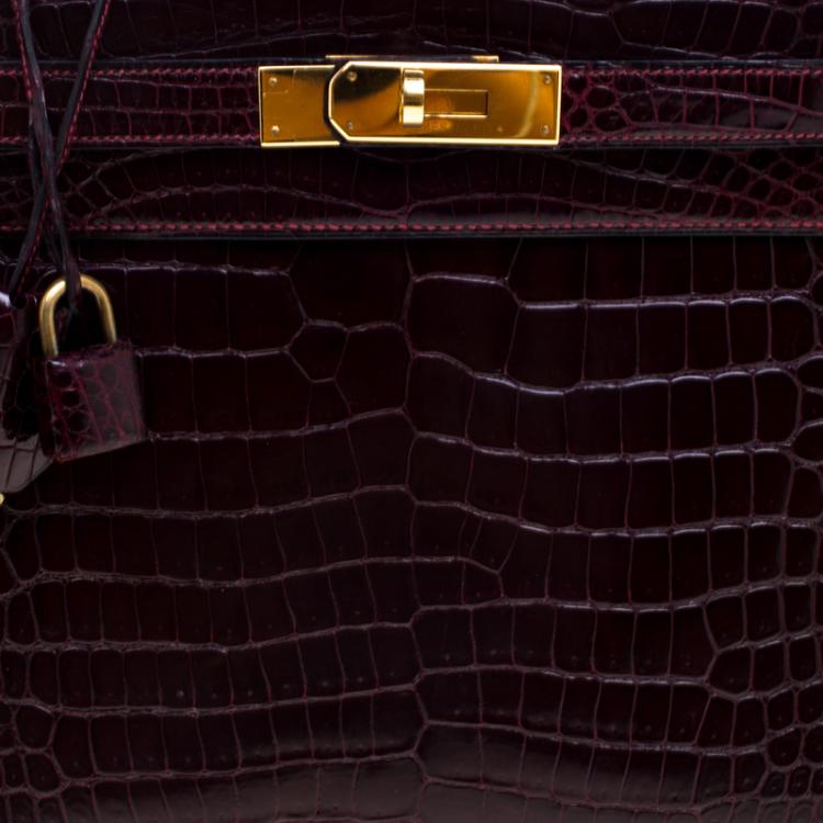 Pre Owned Hermes Dark Marron Crocodile Gold Hardware Kelly Sellier 28 Bag
