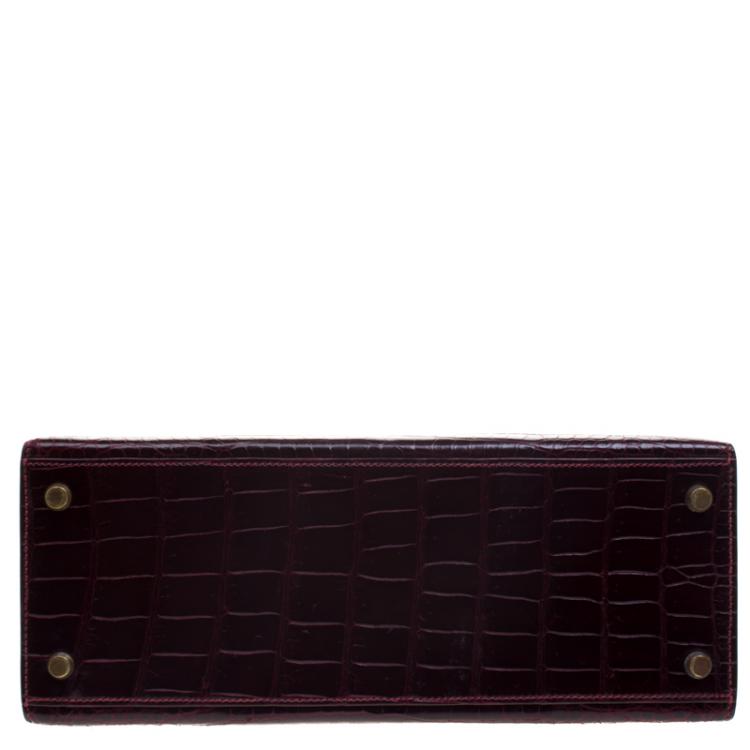 Pre Owned Hermes Dark Marron Crocodile Gold Hardware Kelly Sellier 28 Bag
