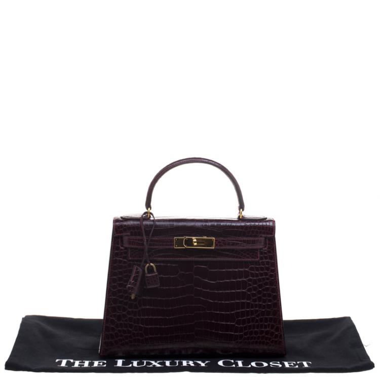 Pre Owned Hermes Dark Marron Crocodile Gold Hardware Kelly Sellier 28 Bag
