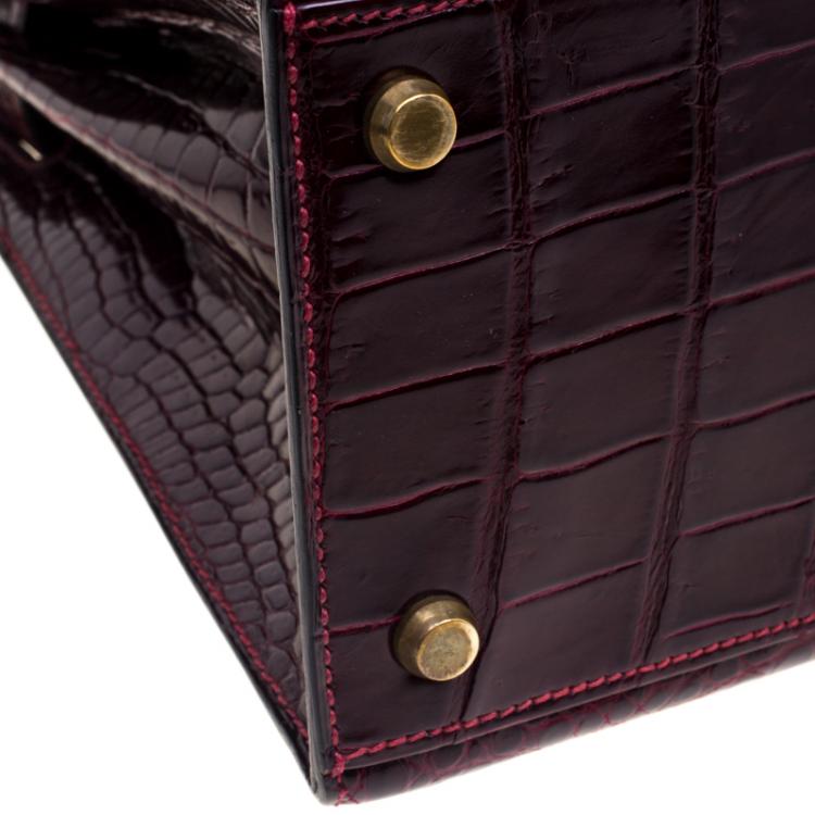 Pre Owned Hermes Dark Marron Crocodile Gold Hardware Kelly Sellier 28 Bag
