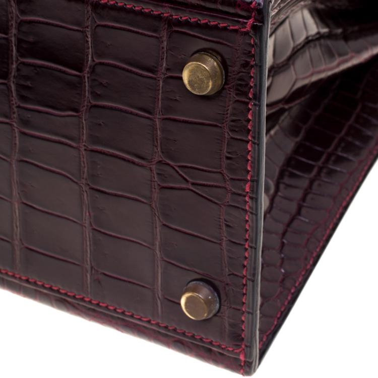 Pre Owned Hermes Dark Marron Crocodile Gold Hardware Kelly Sellier 28 Bag
