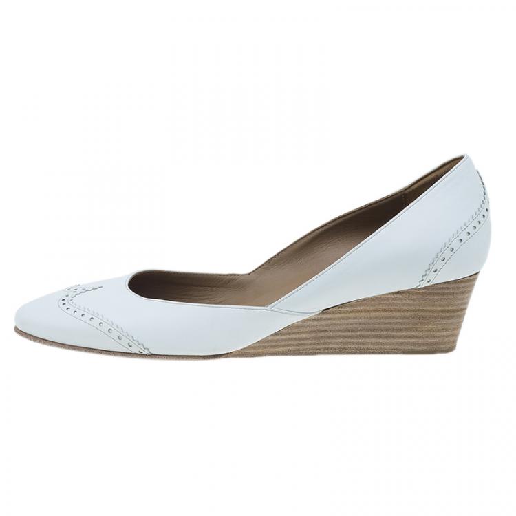 Pre Owned Hermes White Brogue Leather Wedge Pumps Size 39