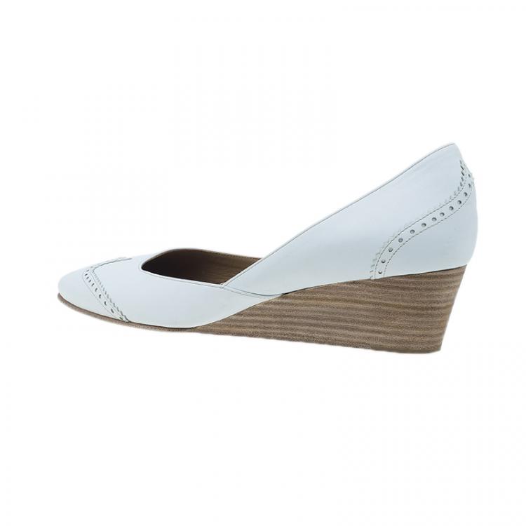 Pre Owned Hermes White Brogue Leather Wedge Pumps Size 39