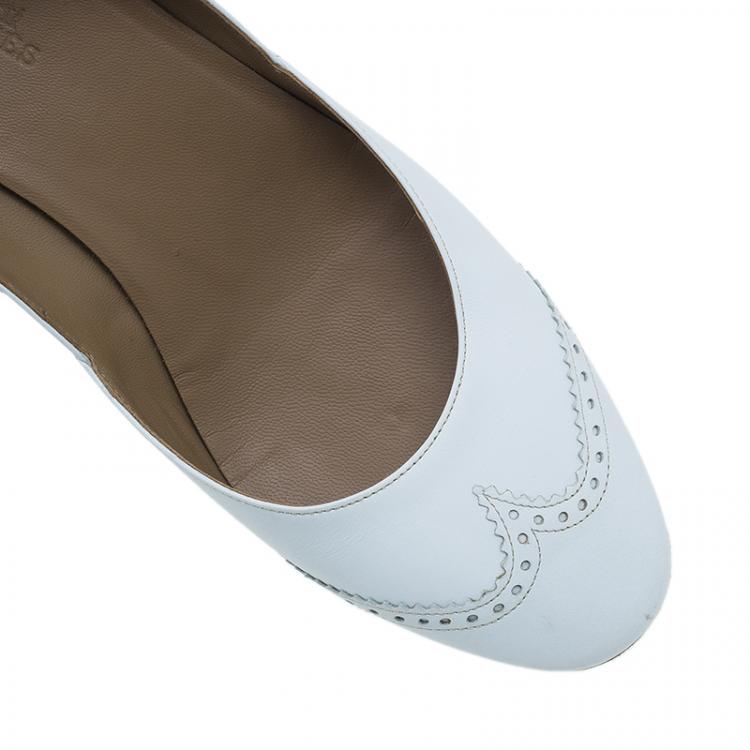 Pre Owned Hermes White Brogue Leather Wedge Pumps Size 39