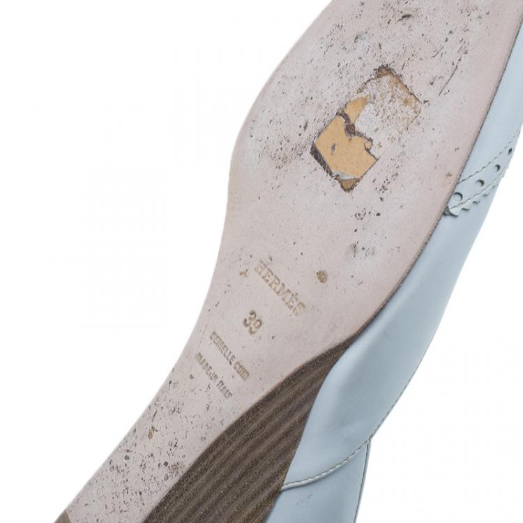 Pre Owned Hermes White Brogue Leather Wedge Pumps Size 39