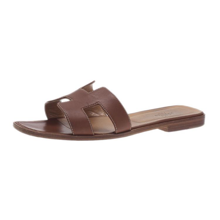 Hermes Brown Leather Oran Sandals Size 