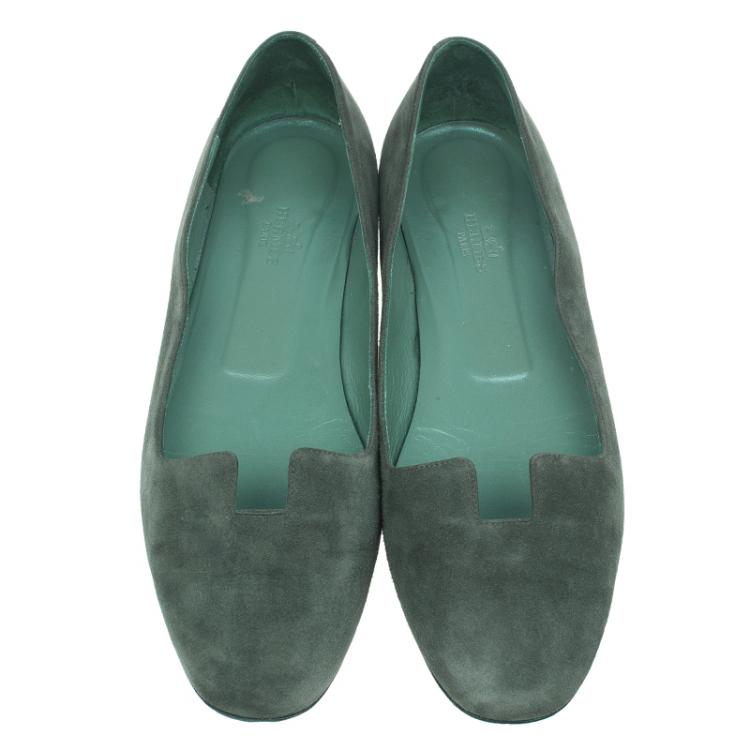 Pre Owned Hermes Olive Green Suede Ballet Flats Size 39