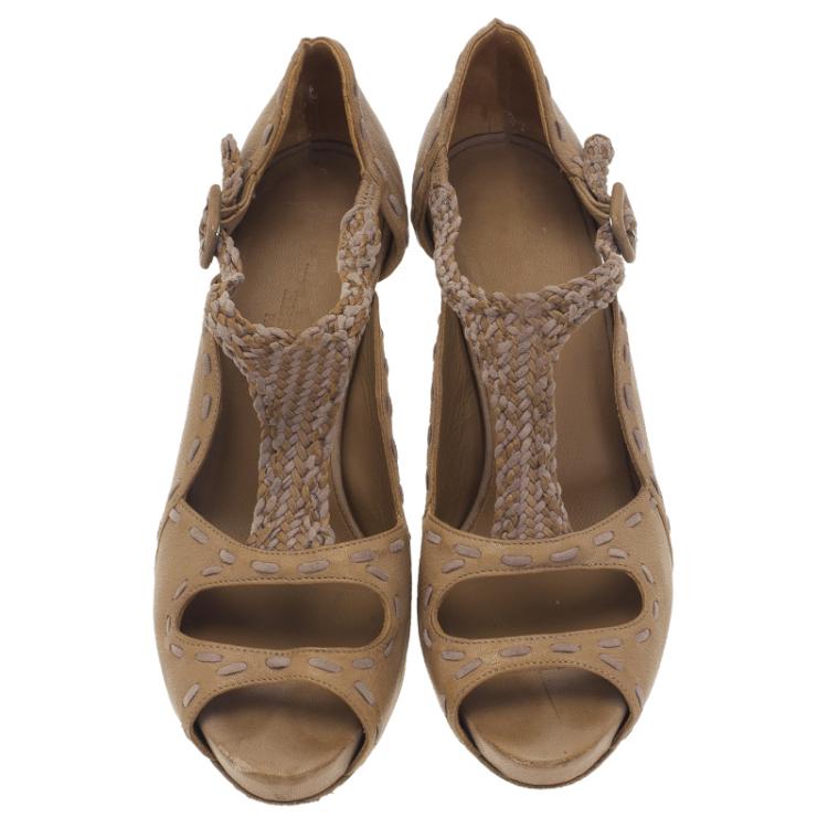 Pre Owned Hermes Brown Leather Braided T-Strap Cutout Pumps Size 36