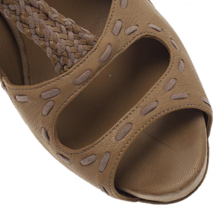 Pre Owned Hermes Brown Leather Braided T-Strap Cutout Pumps Size 36