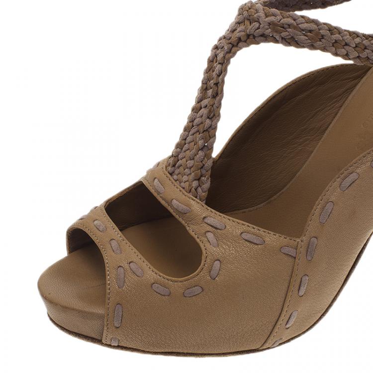 Pre Owned Hermes Brown Leather Braided T-Strap Cutout Pumps Size 36