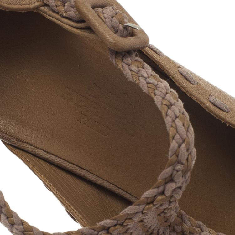 Pre Owned Hermes Brown Leather Braided T-Strap Cutout Pumps Size 36