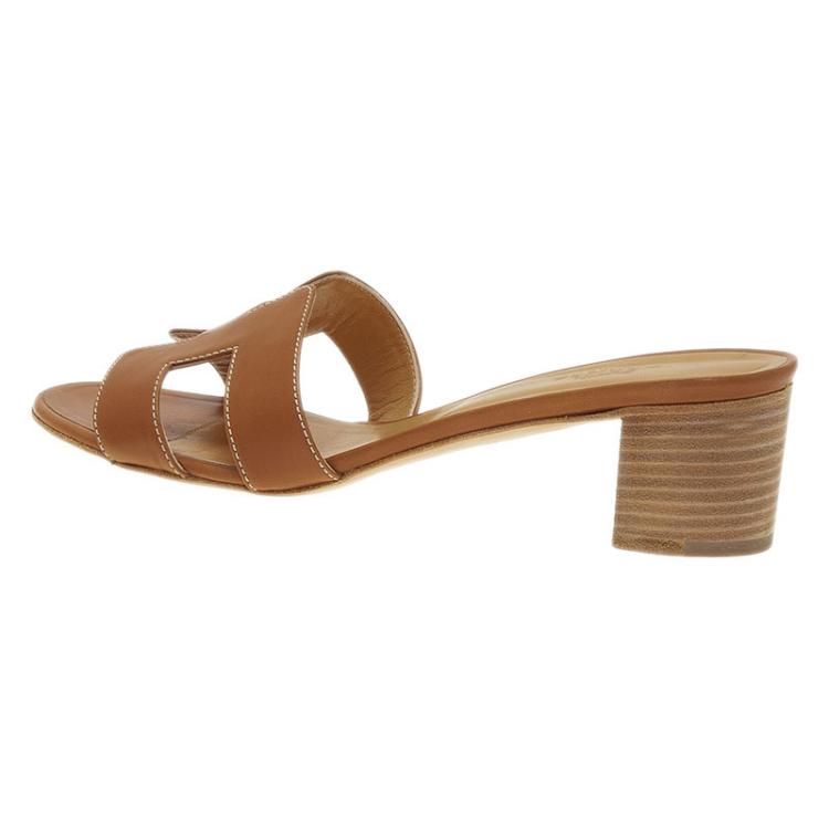 Pre Owned Hermes Brown Leather Oasis Slides Size 39