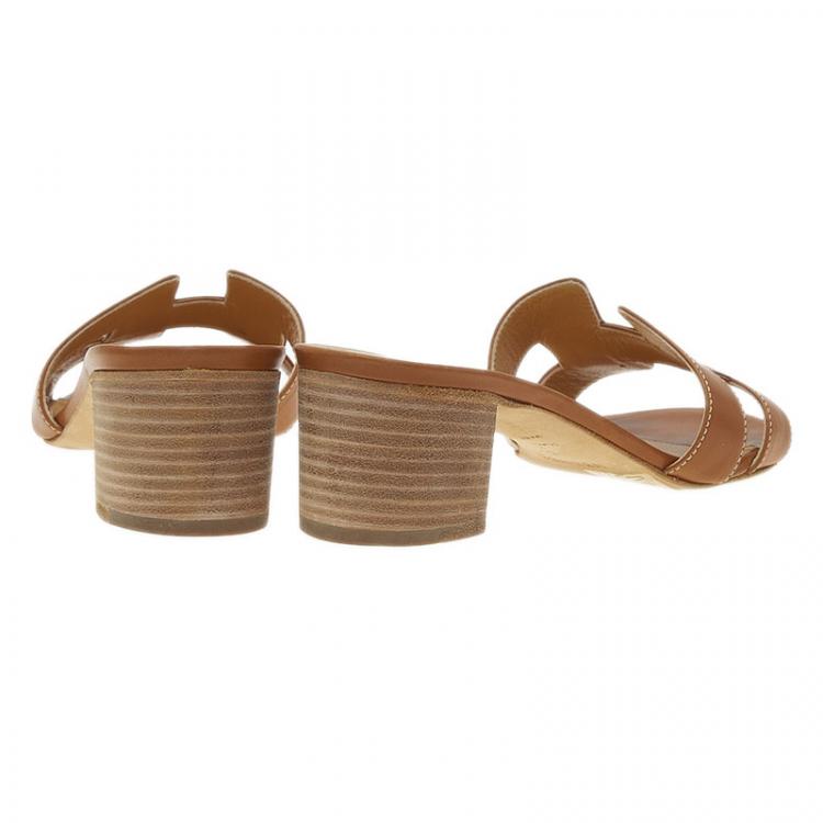 Pre Owned Hermes Brown Leather Oasis Slides Size 39