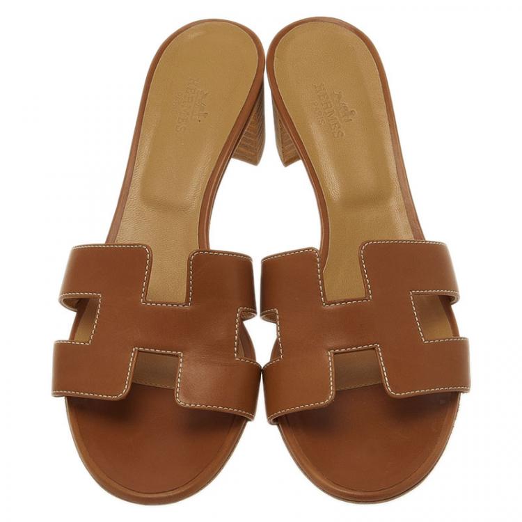 Pre Owned Hermes Brown Leather Oasis Slides Size 39