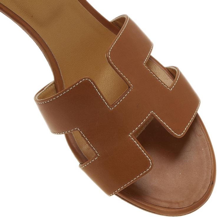 Pre Owned Hermes Brown Leather Oasis Slides Size 39