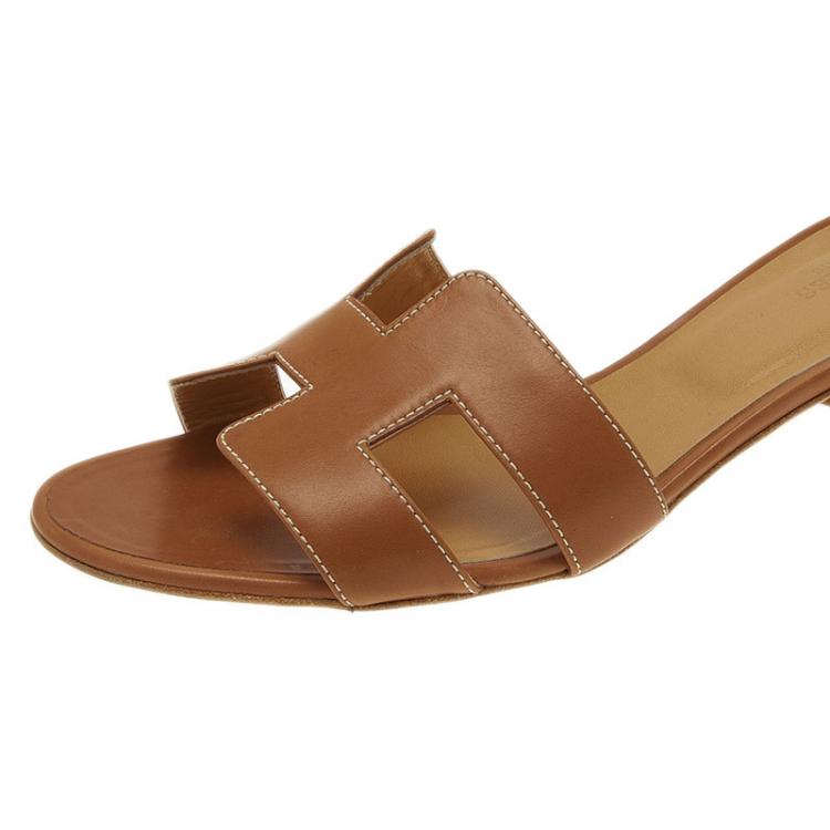 Pre Owned Hermes Brown Leather Oasis Slides Size 39