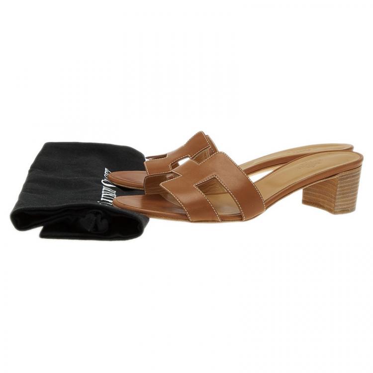 Pre Owned Hermes Brown Leather Oasis Slides Size 39