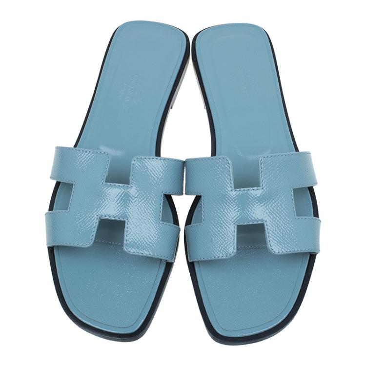Pre Owned Hermes Light Blue Patent Leather Oran Sandals Size 36.5