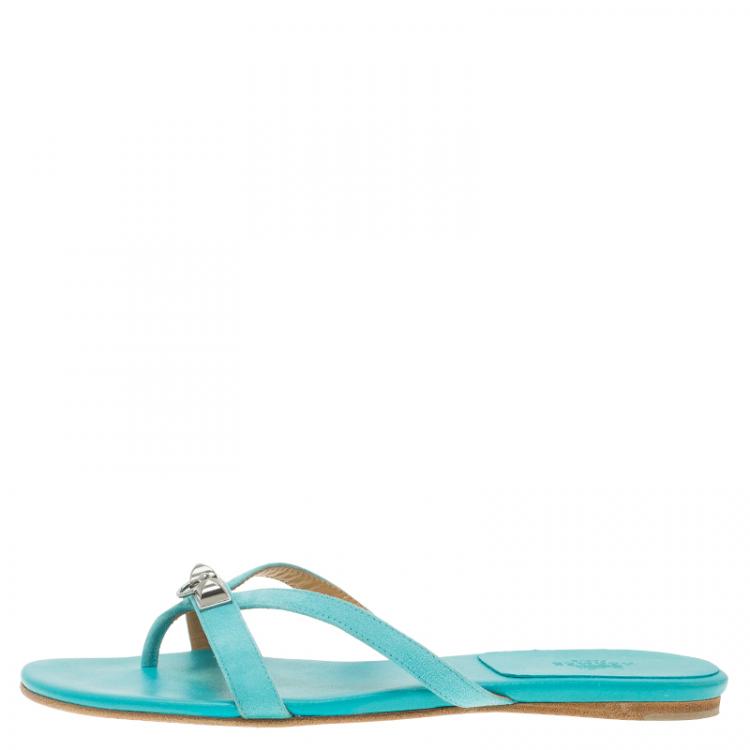 Pre Owned Hermes Blue Leather Corfou Sandals Size 38