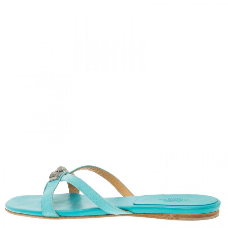 Pre Owned Hermes Blue Leather Corfou Sandals Size 38