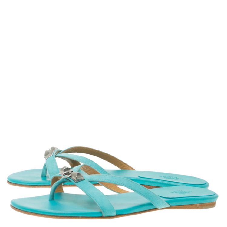 Pre Owned Hermes Blue Leather Corfou Sandals Size 38