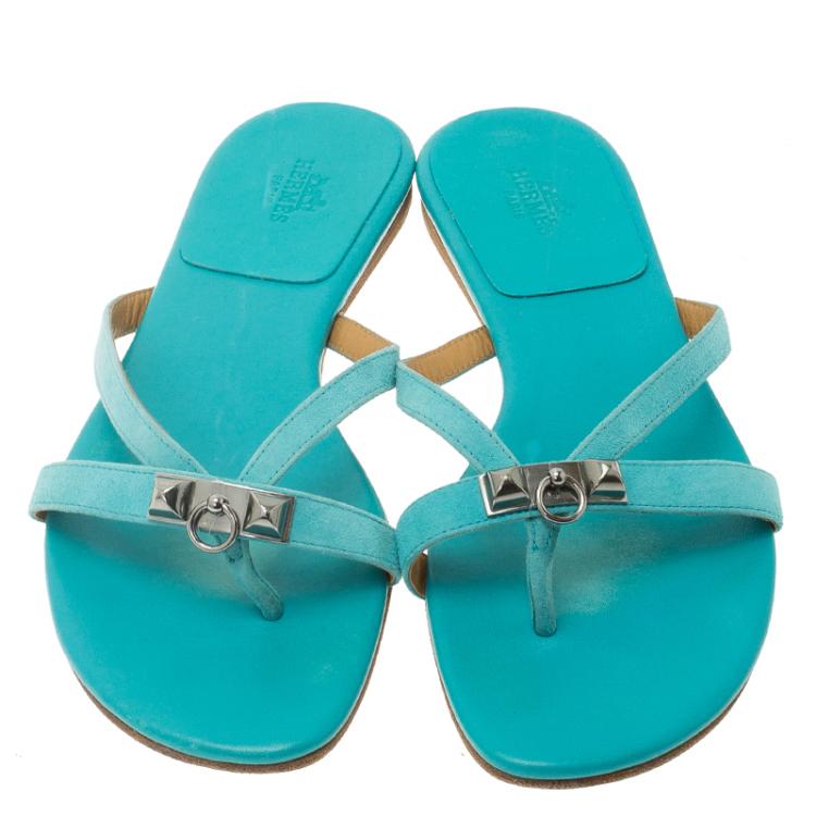 Pre Owned Hermes Blue Leather Corfou Sandals Size 38
