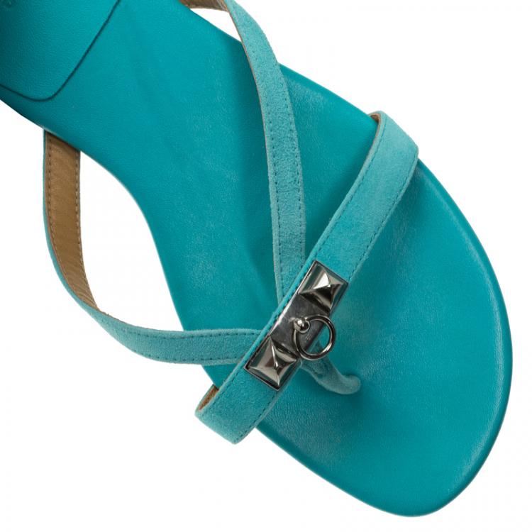 Pre Owned Hermes Blue Leather Corfou Sandals Size 38